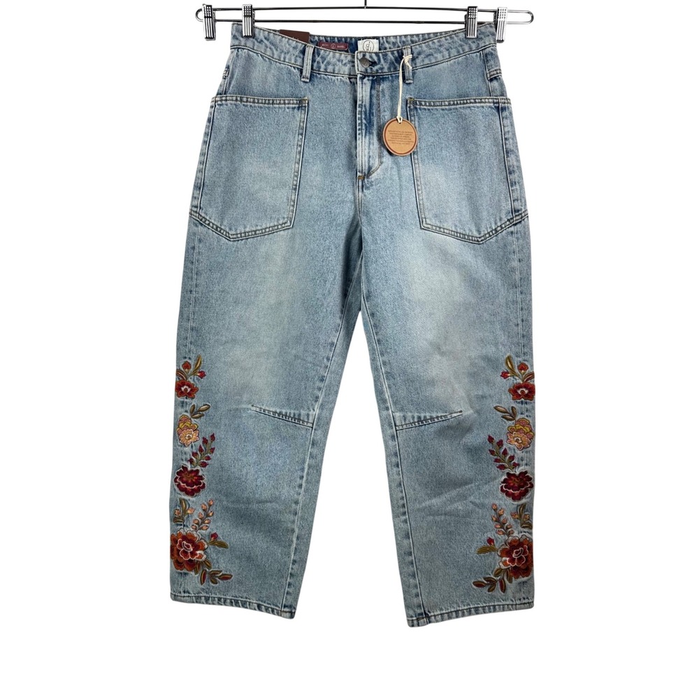 Driftwood Becky Barrel Jeans sz 12‎ Light Blue Floral Embroidered boho relaxed
